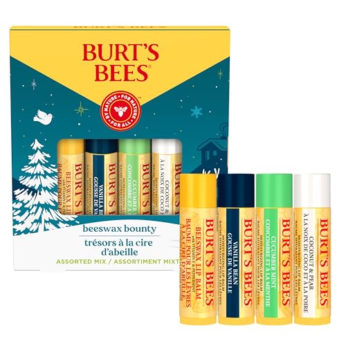 Burt's Bees Christmas Gifts, 4 Lip Balms Stocking Stuffers Products, Beeswax Bounty Fruit Mix - Watermelon, Pomegranate, Dragonfruit Lemon & Sweet Peach (4-Pack)