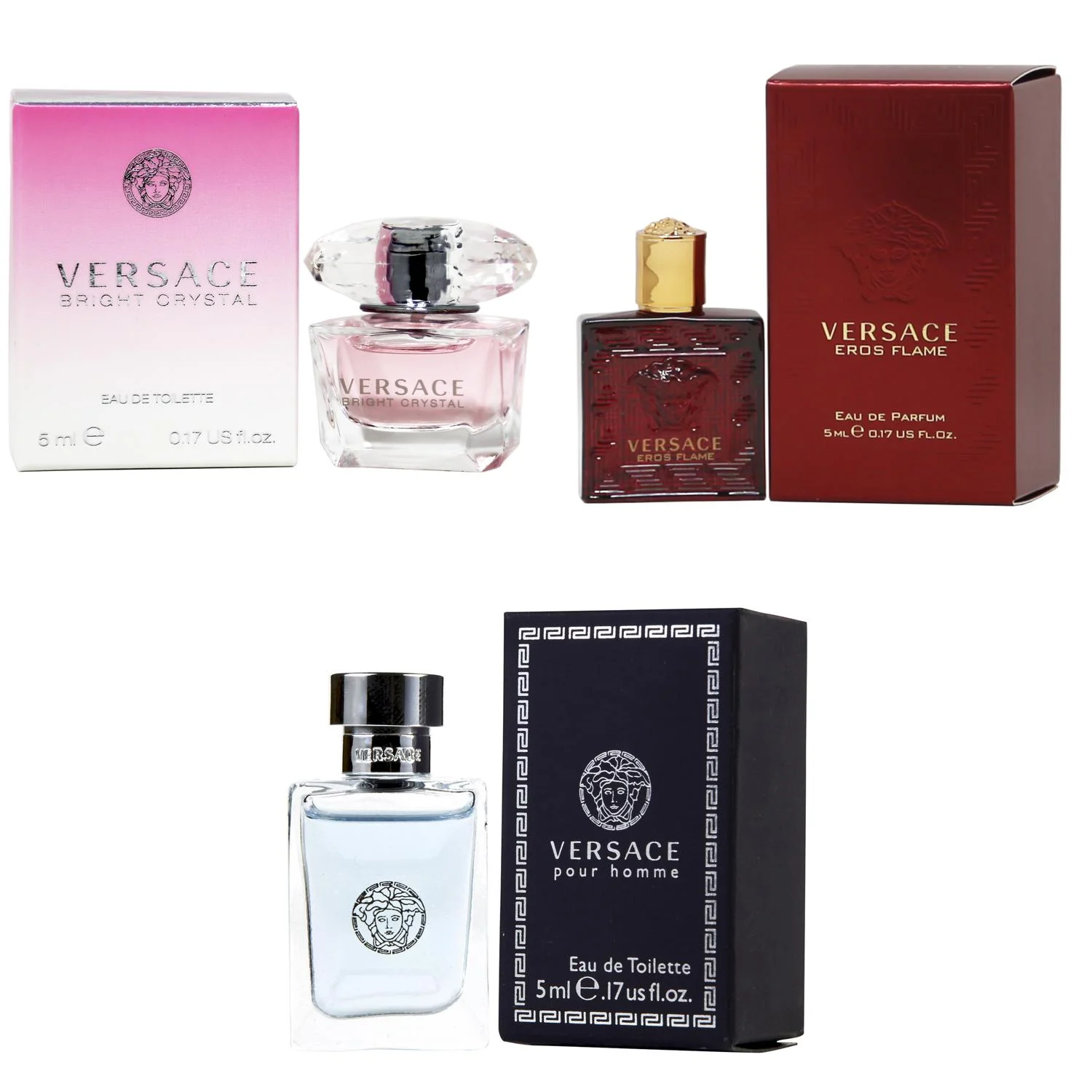 Versace Bright Crystal EDT, Eros Flame EDP, Pour Homme EDT - 5ml 3PK Kit