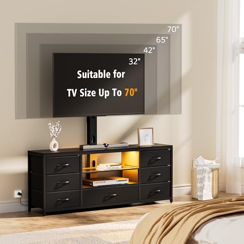 TV Stand with Mount and 7 Fabric Drawers, Led Entertainment Center with Power Outlets for 32 45 55 60 65 70 inch TVs, Black Dresser with Open Shelves, Media Console Cabinet for Living Room Bedroom