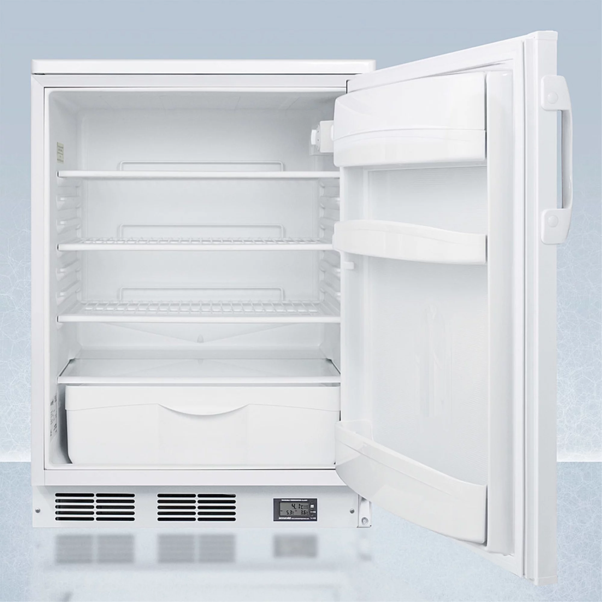 Commercially approved Nutrition Center series all-refrigerator in white for built-in or freestanding use, with front lock and digital temperature display