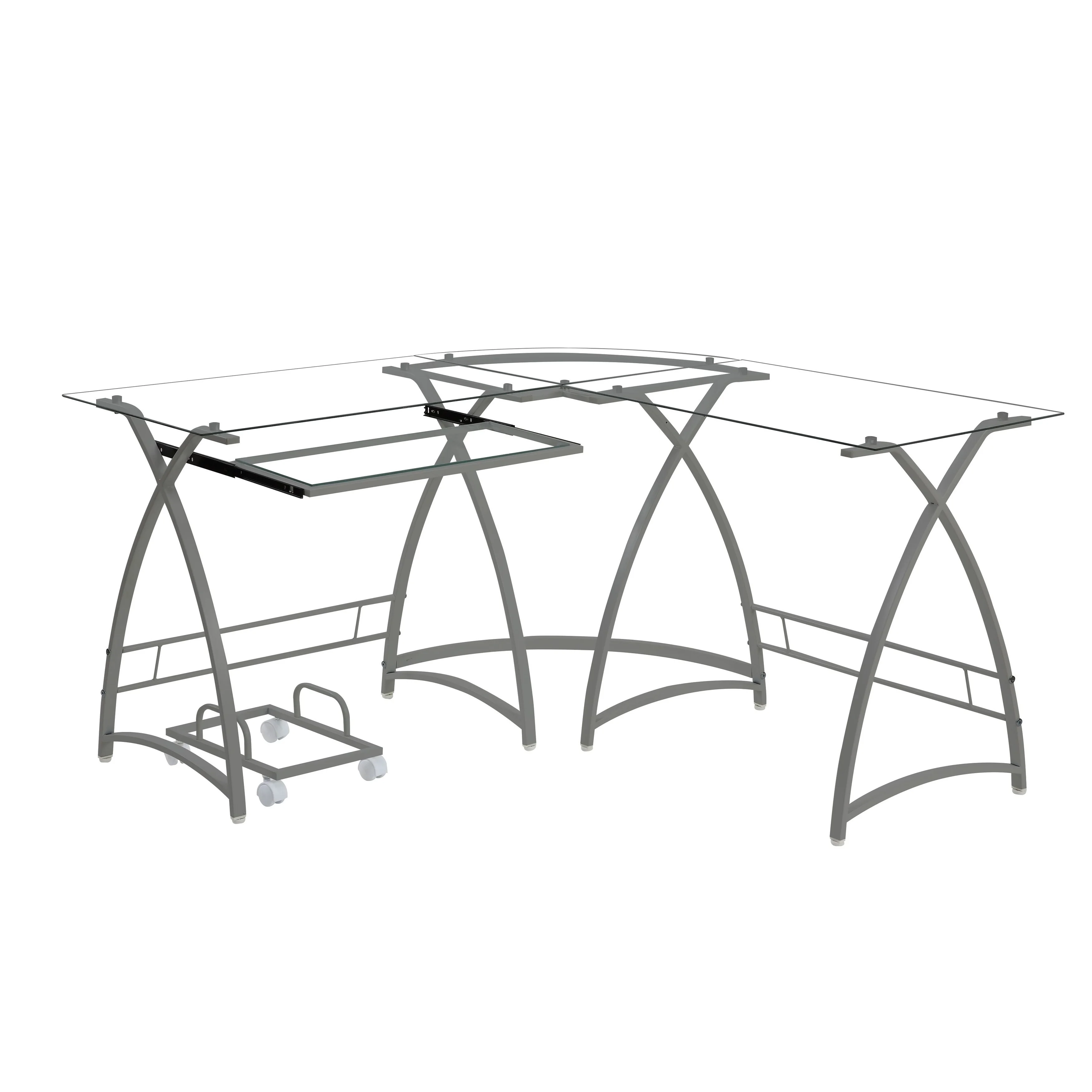 Computer Desk in Clear Glass Pull Out Keyboard Panel Workstation Desks L-Shaped Corner Desk Writing Desks Receptionist Desks