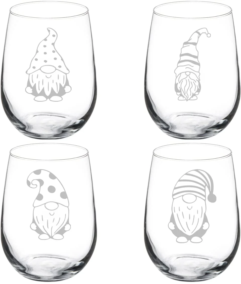 Set of 4 Wine Glass Gift Goblet Gnome Collection (17 oz Stemless)