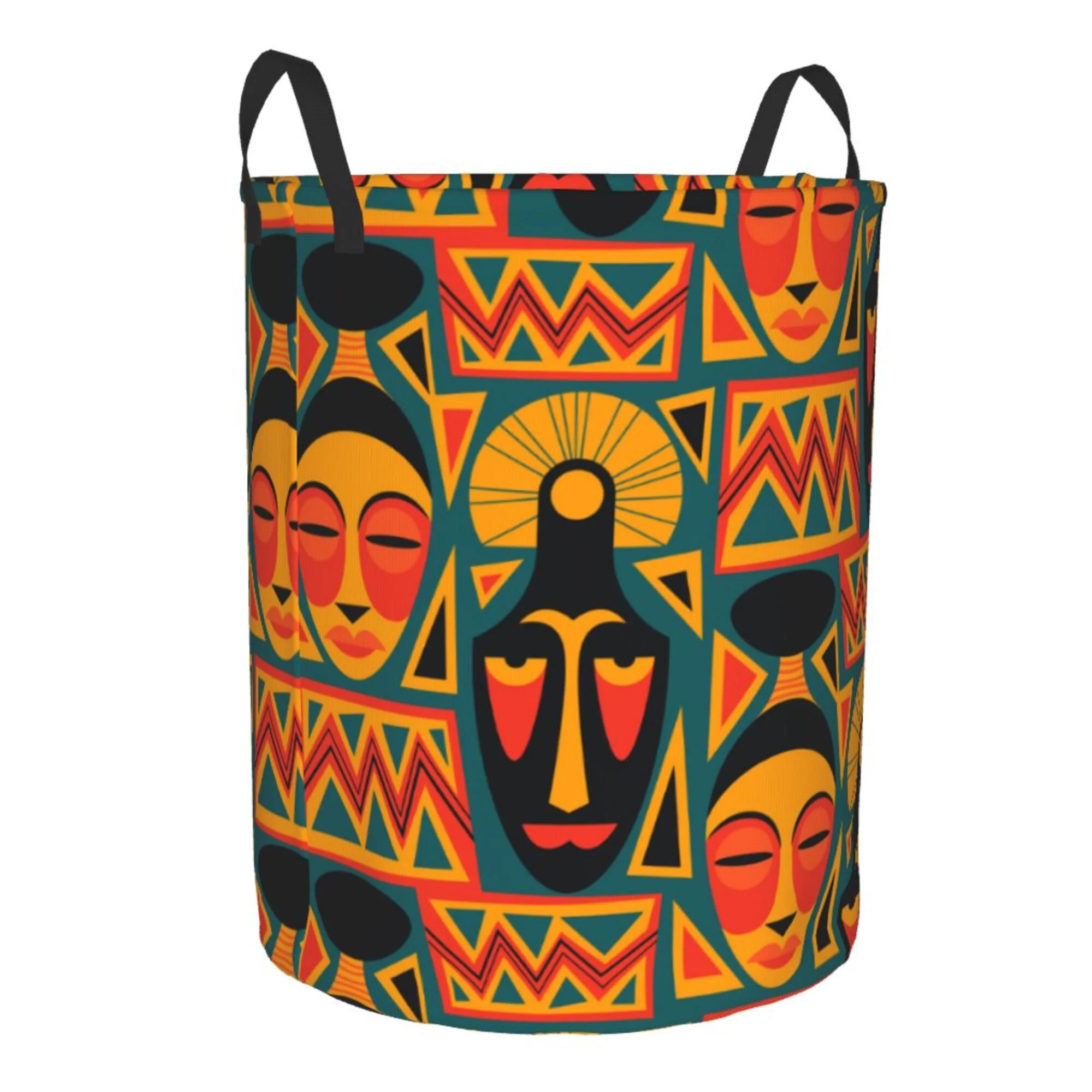 TEQUAN Waterproof Laundry Hampers, African Culture Element Tribal Mask Pattern Clothes Storage Basket with Handle (S)