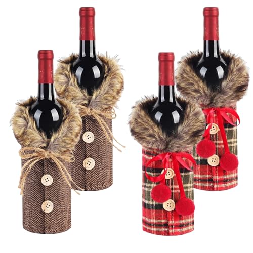 EYUZXDA 4Pcs Christmas Sweater Wine Bottle Cover Linen Plaid Wine Bottle Dress With Faux Fur Collar And Button Coat Design For Christmas Party Decorations