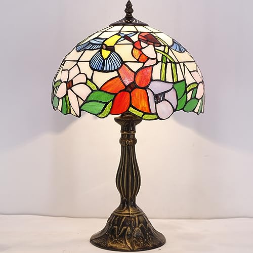 WERFACTORY Tiffany Lamp Stained Glass Lamp Hummingbird Style Bedside Table Lamp Desk Reading Light 12X12X18 Inches Decor Bedroom Living Room Home Office S101 Series