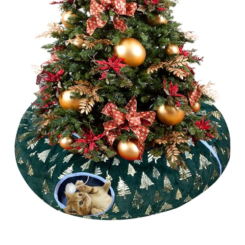 LUCKITTY Christmas Snowflake Print Cat Tunnel Under Tree, Velvet-Touch Jacquard Fabric with Hanging Plush Ball, 10-Inch Diameter 3-Ft Wide Round Pet Tube - Plush & Festive Cat Diversion Red