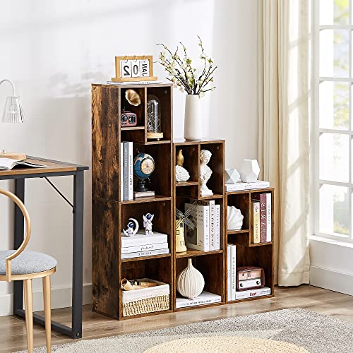 VECELO 3-Cube Open Bookcase, Small Bookshelf with Height Difference Shelves for Most Books, Horizontal Available, 2-Tier Storage Organizer for Home Office, Living Room, Rustic Brown