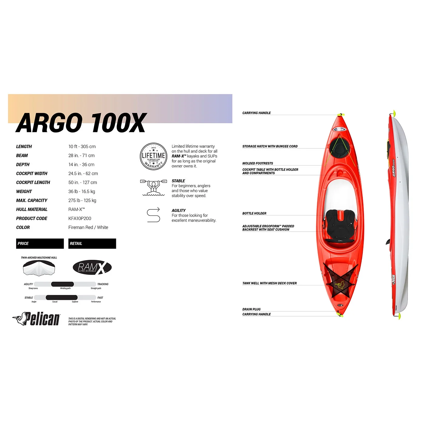 Pelican - Argo 100X - Recreational Sit-In Kayak - 10 ft - Fireman Red