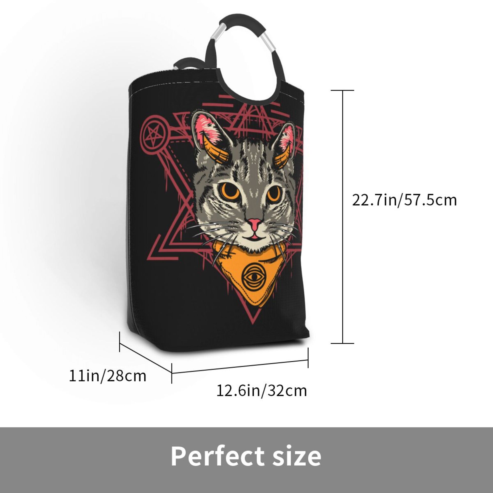 DouZhe 50L Rectangular Laundry Basket, Gothic Cartoon Devil Cat Prints Waterproof Foldable Laundry Hamper with Aluminum Handles