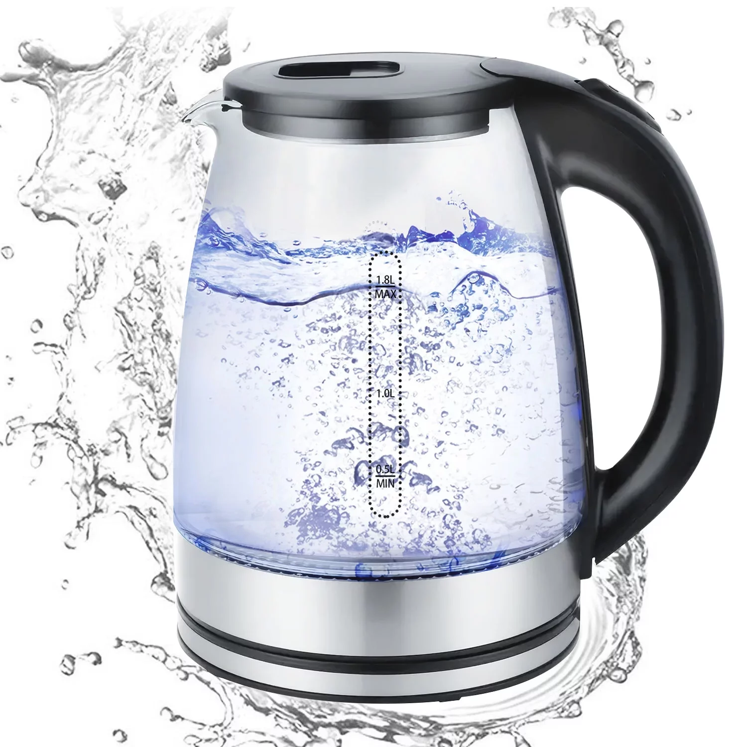 Electric Kettle, 1.8 Liter Fast Boiling Glass and Steel Hot Tea Water Kettle with Blue LED Indicator Light, Tea Kettle with Auto Shut-Off and Boil-Dry Protection
