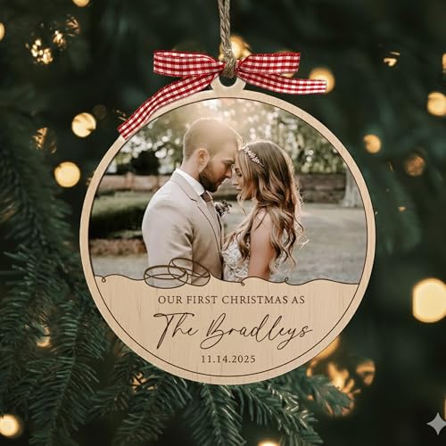 Personalized Photo Our First Christmas Engaged Ornament, Custom Wooden Wedding Christmas Tree Decoration, Custom Engagement Photo Ornament with Couple Names & Date Style 1