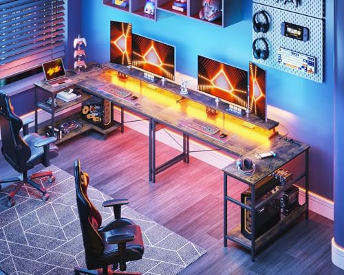 ODK 48 Inch Gaming Desk with USB Charging Ports and LED Lights, Reversible L Shaped Computer Desk with Storage Shelves & Monitor Stand, Corner Home Office Desk Table with Power Outlets, Vintage
