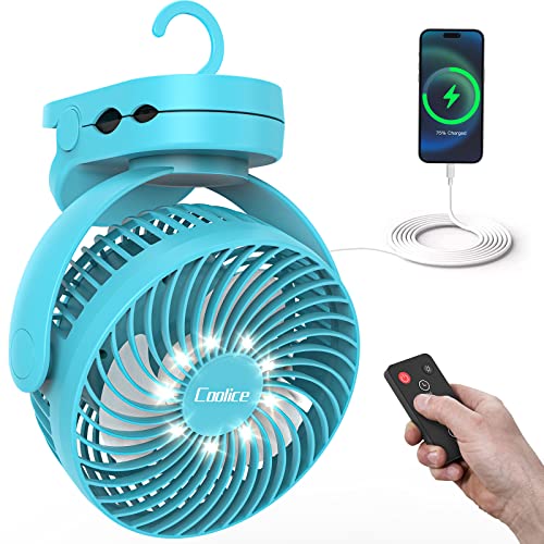 Camping Fan with Remote Control - 12000mAh Rechargeable Battery Powered Fan, Camping Fans for Tents with LED light & Hanging Hook, Rechargeable Battery Operated Ceiling Fans for Tent RV Bed, Green