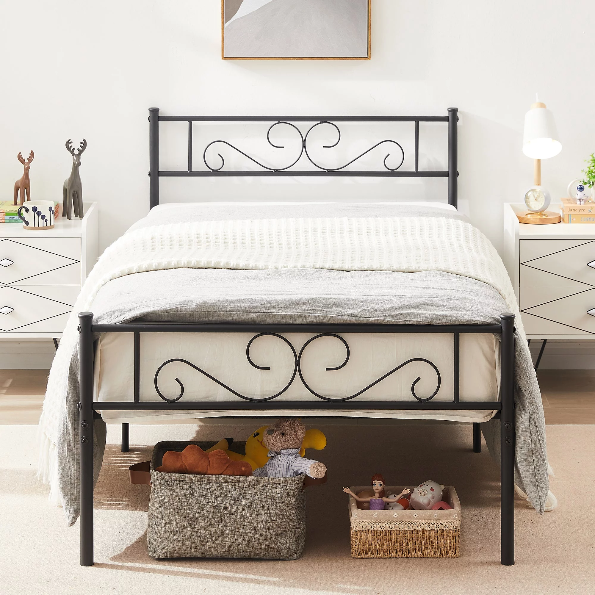 VECELO 3-Piece Bedroom Set with Twin Bed Frame and 2 Black Nightstands