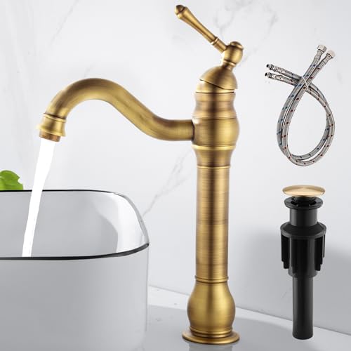 Single Hole Tall Bathroom Faucet Antique Brass Bathroom Vessel Sink Faucet, 360° Swivel Retro Vanity Faucet, Tall Spout Single Handle Lavatory Mixer Tap, Deck Mount