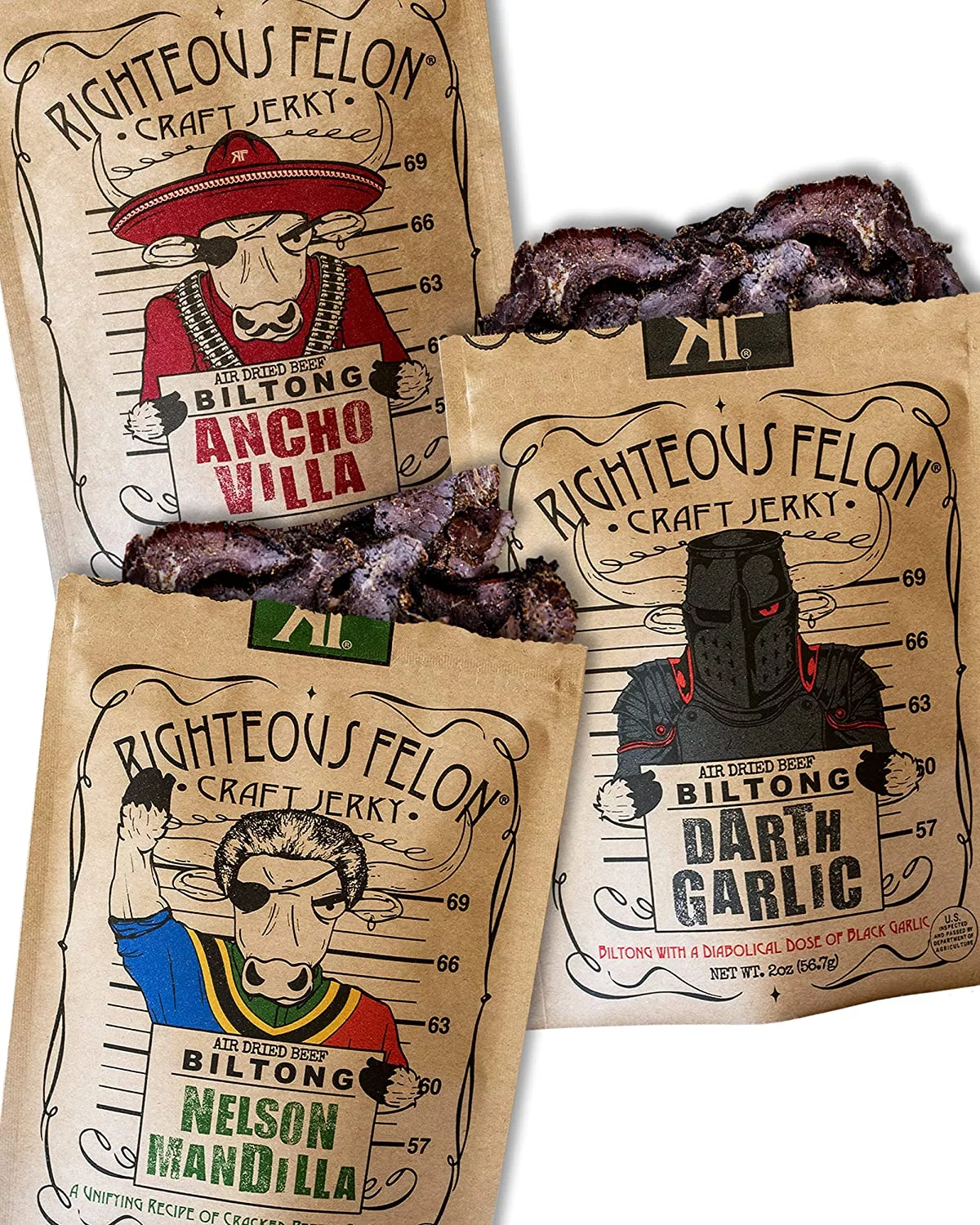 Righteous Felon Biltong Beef Jerky Variety Pack 2 oz Bags Low Carb Zero Sugar Gluten-Free Snacks 3 Pack