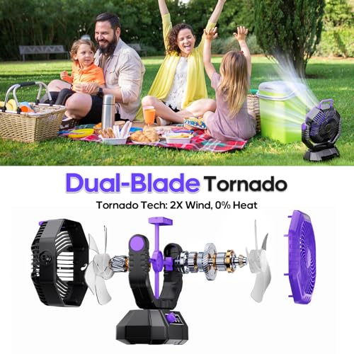 Portable Fan Rechargeable, 20000mAh Battery Powered Fan, LED Light, Remote Controller, Dual-Blade, 90°/270° Swing, 1-3H Timer, Battery Operated fan For Travel Tent Camping Bedroom Office Beach Fishing