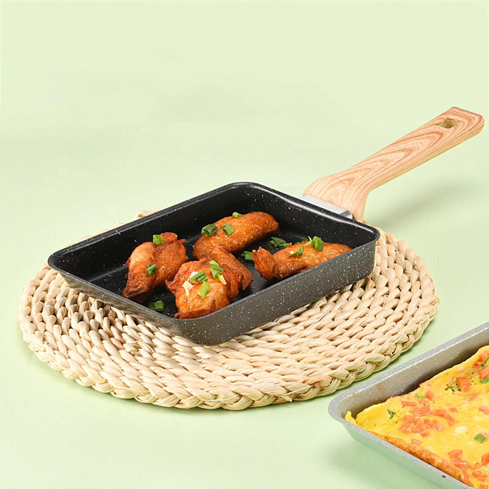 Japanese Omelette Scratch Bottom Non Stick Coating Rectangle Steak Skillet Handle Egg Tops , Black with Spatula