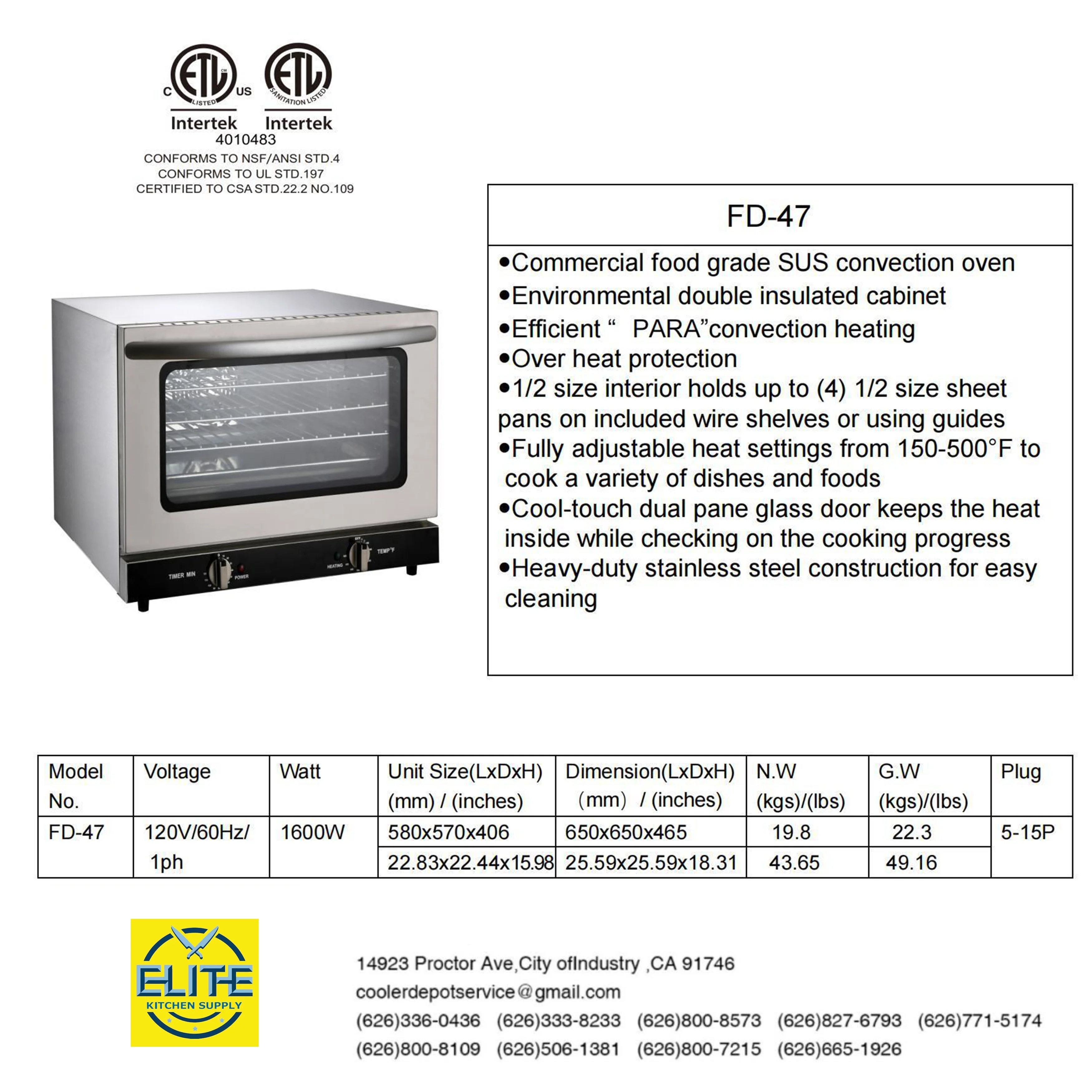 1600W Stainless Steel Convection Oven Countertop Convection 22.8''Wx22.3''Dx16''H