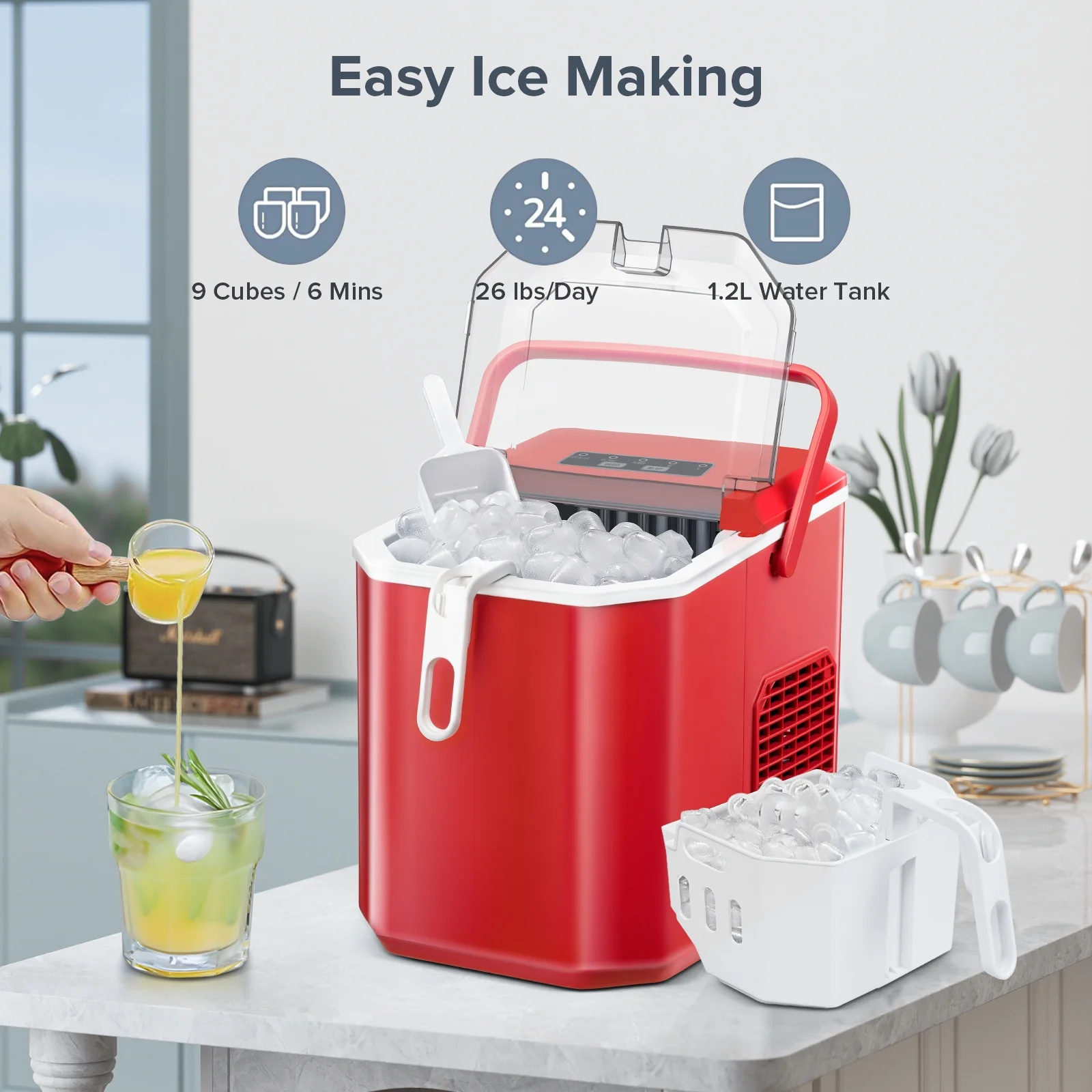 Auseo Countertop Ice Maker, Self-cleaning Portable Ice Maker Machine with Handle and Ice Scoop, Bullet Ice Cubes, 9Pcs/8Min 26Lbs/24H for Home/Office/Bar/Party (Red)