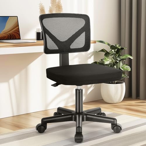 DUMOS Armless Desk Chairs with Wheels, Ergonomic Adjustable Home Office Swivel Rolling Task Chair No Arms, Comfy Mesh Mid Back Computer Work Vanity Desk Seat for Small Spaces, Black