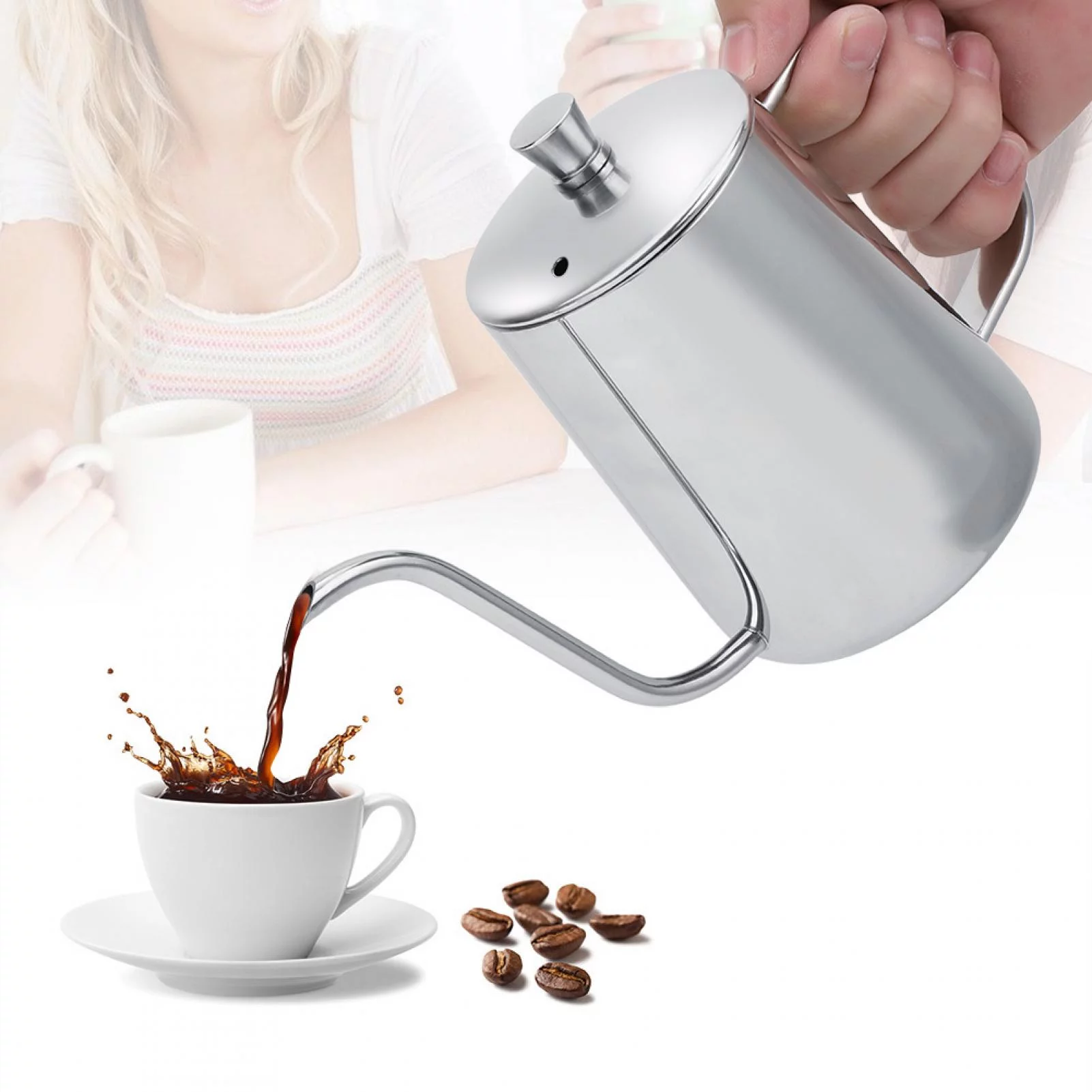 Coffee Pot,Dekaim 550ml Stainless Steel Long Gooseneck Coffee Pot Kettle with Lid for Home Kitchen Coffee Shop