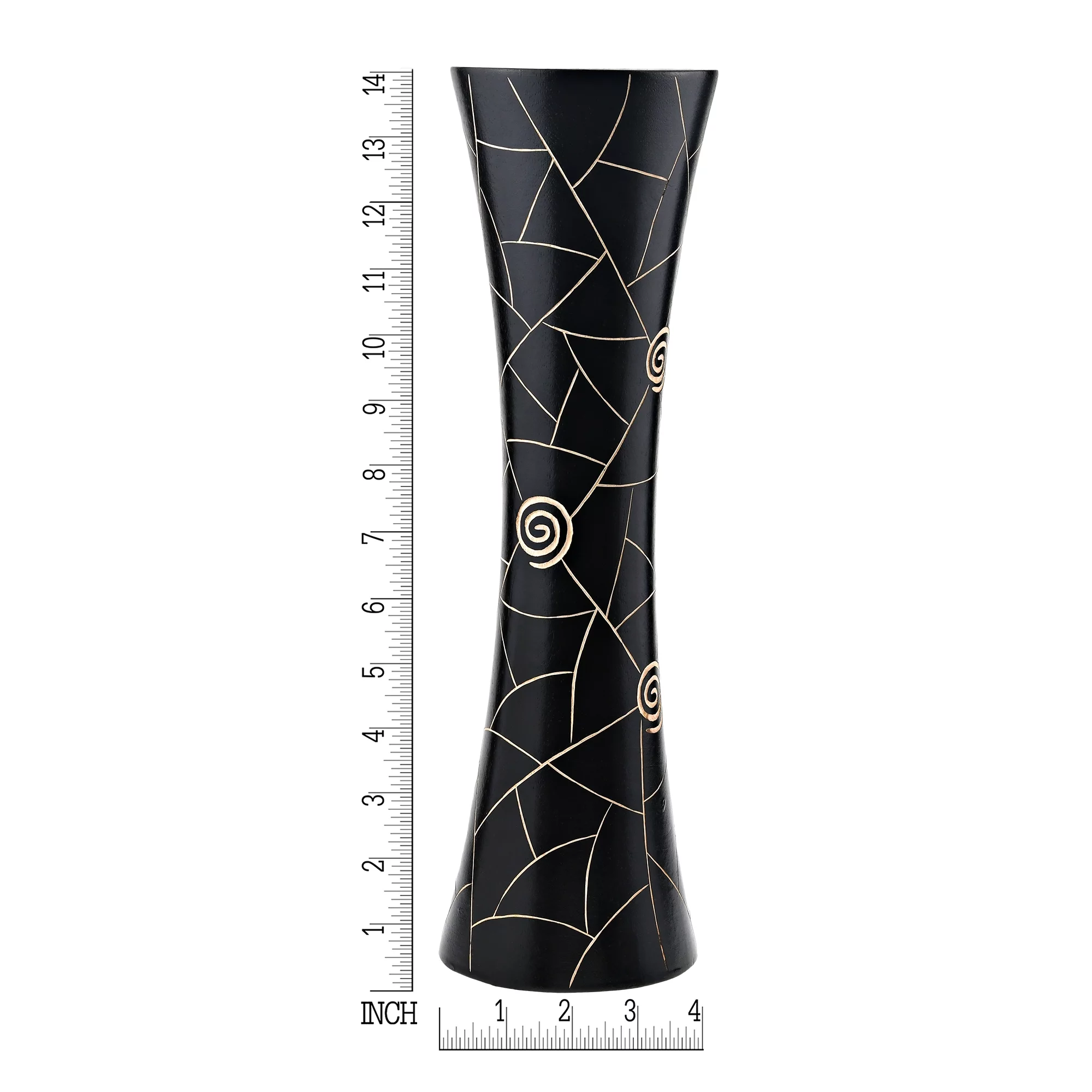 AeraVida Sleek Classy Modern Black Golden Geometric Etch Natural Mango Tree Wood Concaving Vase