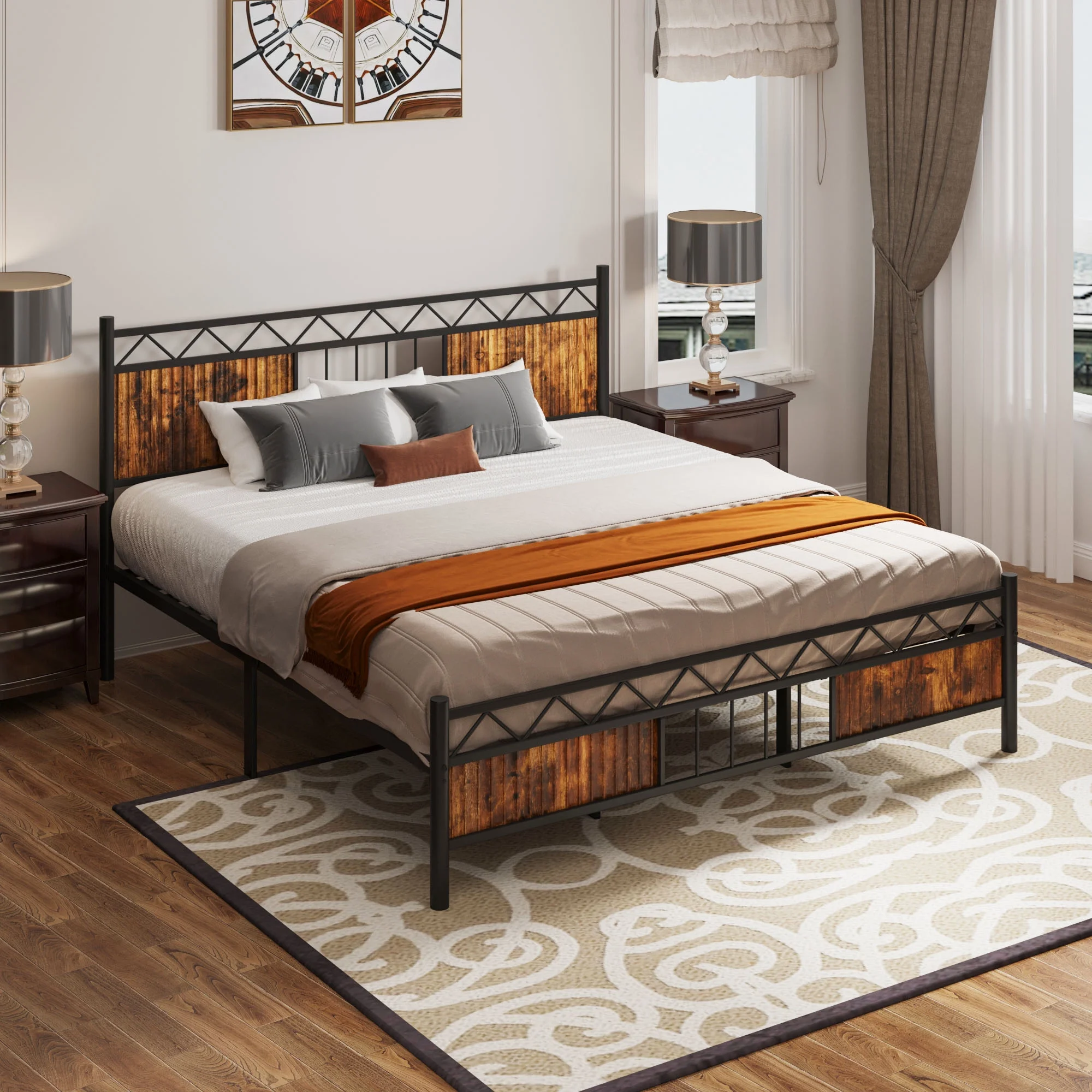 Dextrus Industrial King Size Platform Metal Bed Frame with Headboard & Soundproof Cotton, No Box Spring Needed, Black and Brown