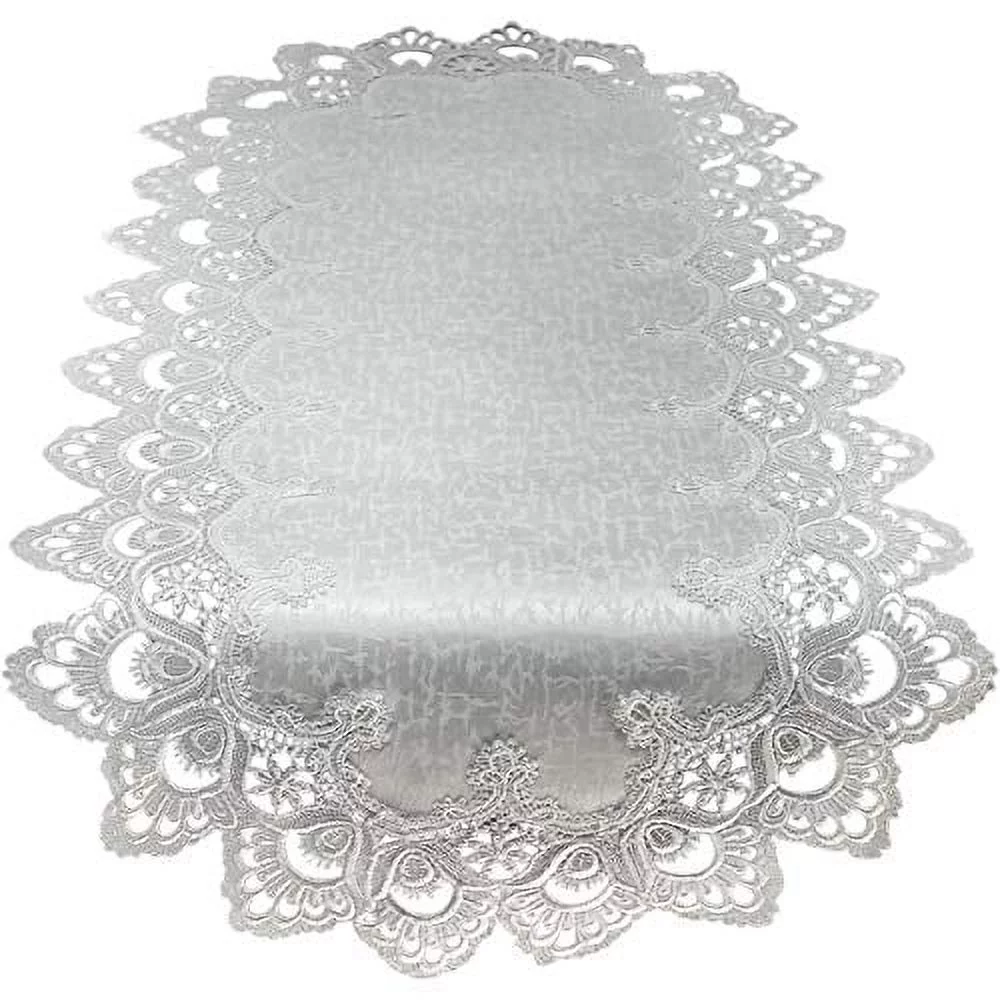 Doily Boutique Table Runner with Antique White European Lace and Fabric, Size 34 x 15 inches