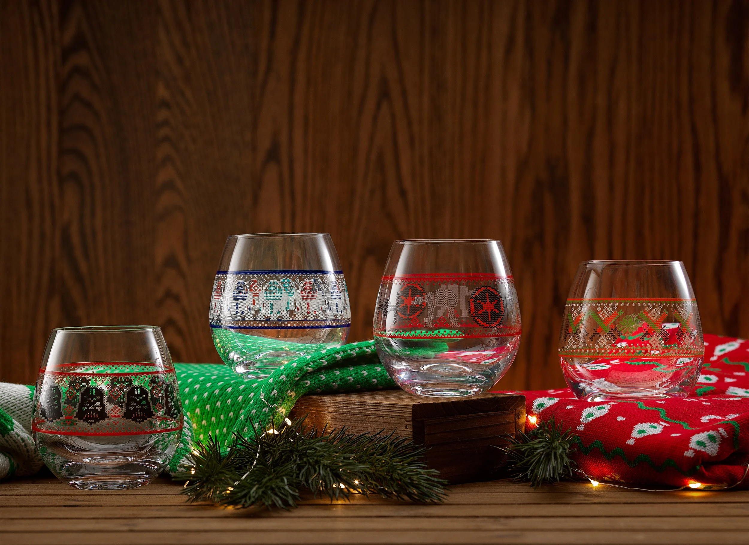 NEW Star Wars Ugly Sweater Collection Stemless Drinking Glass - 15 oz - Set of 4 Holiday Gift Drinking Stemless Drinking Glasses