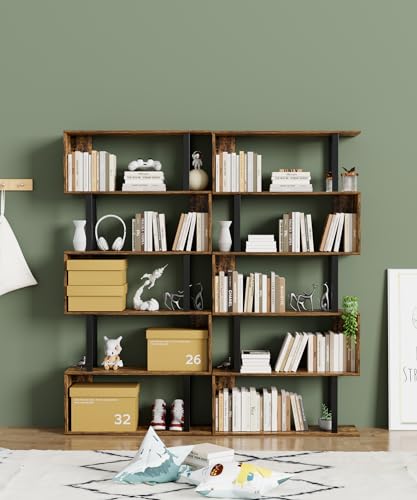 Gadroad 6 Tier Geometric Bookcase,S Shaped Bookshelf, Wood Decorative Storage Shelving, Modern Freestanding Display Shelves, Tall Book Shelf Unit for Living Room Bedroom, White