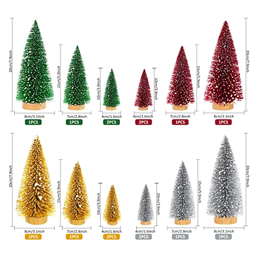 Whaline 16Pcs Artificial Mini Christmas Tree Snow Frosted Trees Red Green Gold Silver Bottle Brush Tree Desktop Mini Pine Tree with Wood Base for Christmas Home Office Tabletop Crafts, 3 Sizes