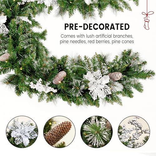 9FT Christmas Garland with Light,Pre-Lit Realistic Pine Cones/Berries&Multicolor LED Lights(with Remote Control), Christmas Garland for Mantle Fireplace Stairs Front Door, Outdoor Xmas Decor