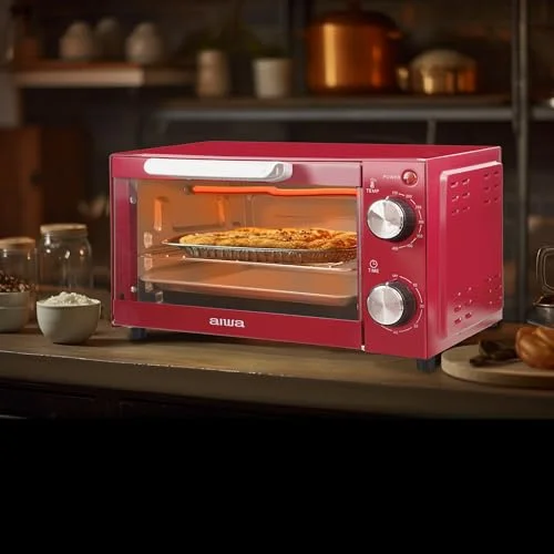 Aiwa 4-Slice Countertop Toaster Oven with Baking Tray, Bake Toast Cook and Broil, Temperature Control, 60 Minute Timer Knob, Automatic Shutoff, Baking Tray and Crumb Tray Included, Red