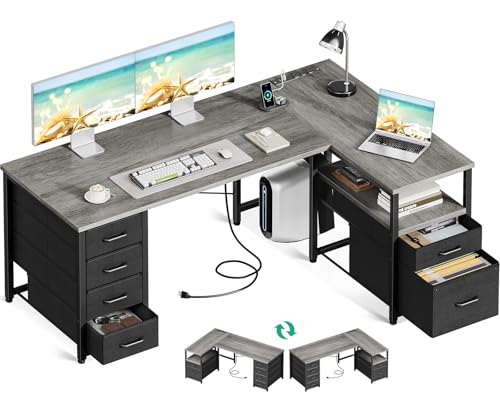 Coleshome L Shaped Computer Desk with 6 Drawers & Power Outlet, 55 Inch Corner Desk with Reversible Storage Shelf & File Drawer, Home Office Desk, Grey Oak