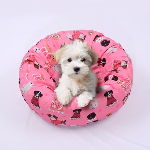 Round Dog Bed Cover Elastic Edged Washable Pet Bed Protector with Christmas Pattern Design for Small & Medium Pet Beds, Covers Only (Christmas Dog, 20 x 9.8 Inch)