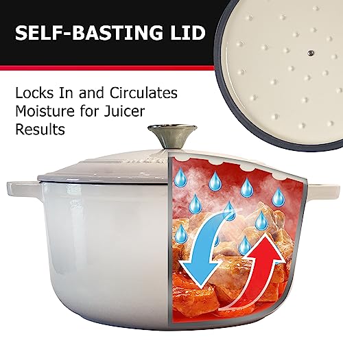 Mueller 6qt Enameled Cast Iron Dutch Oven, Heavy-Duty Casserole and Braiser Pan with Lid and Knob, Oven-Safe up to 500° F & Across All Cooktops, White