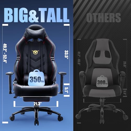 Big and Tall Gaming Chair with Footrest 350lbs-Racing Computer Gamer Chair, Ergonomic High Back PC Chair with Wide Seat, Reclining Back, 3D Armrest for Adult-Black