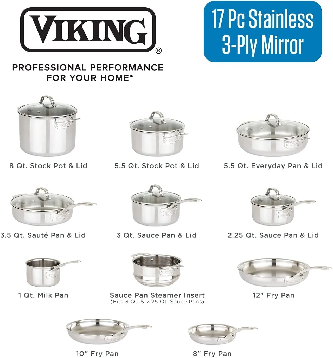 durable Viking 3-Ply 17pc Stainless Steel Cookware Set with Glass Lids