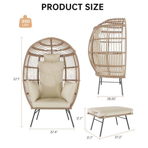 Oversized Wicker Egg Chair with Ottoman, Patio Lounge Chairs with Thick Cushion, Rattan Egg Basket with Steel Frame for Indoor/Outdoor, Porch, Backyard, Grey