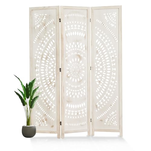 66.9Inch Folding Room Divider, 6 Panels Wood Carved Privacy Screens, Free Assembled Freestanding Partition for Home Office Restaurant Bedroom (Natural)