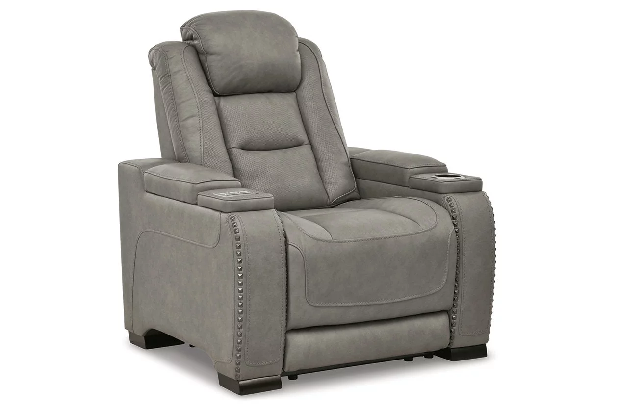 Signature Design by Ashley The Man-Den Leather Power Recliner in Gray