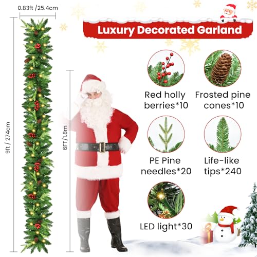 Christmas Garland, 9ft Pre-Lit Christmas Garland with Lights, Battery Operated with Pine Cones & Red Berries, Artificial Christmas Greenery for Mantle, Staircase, Doorway, Indoor Outdoor Decorations