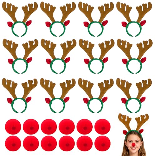 12 Pcs Christmas Reindeer Antlers Headband Bulk with 12 Pcs Red Noses, Brown Reindeer Antlers Hairbands for Christmas Party Supplies, Deer Headband for Family, Office, Party Photo Booth Props
