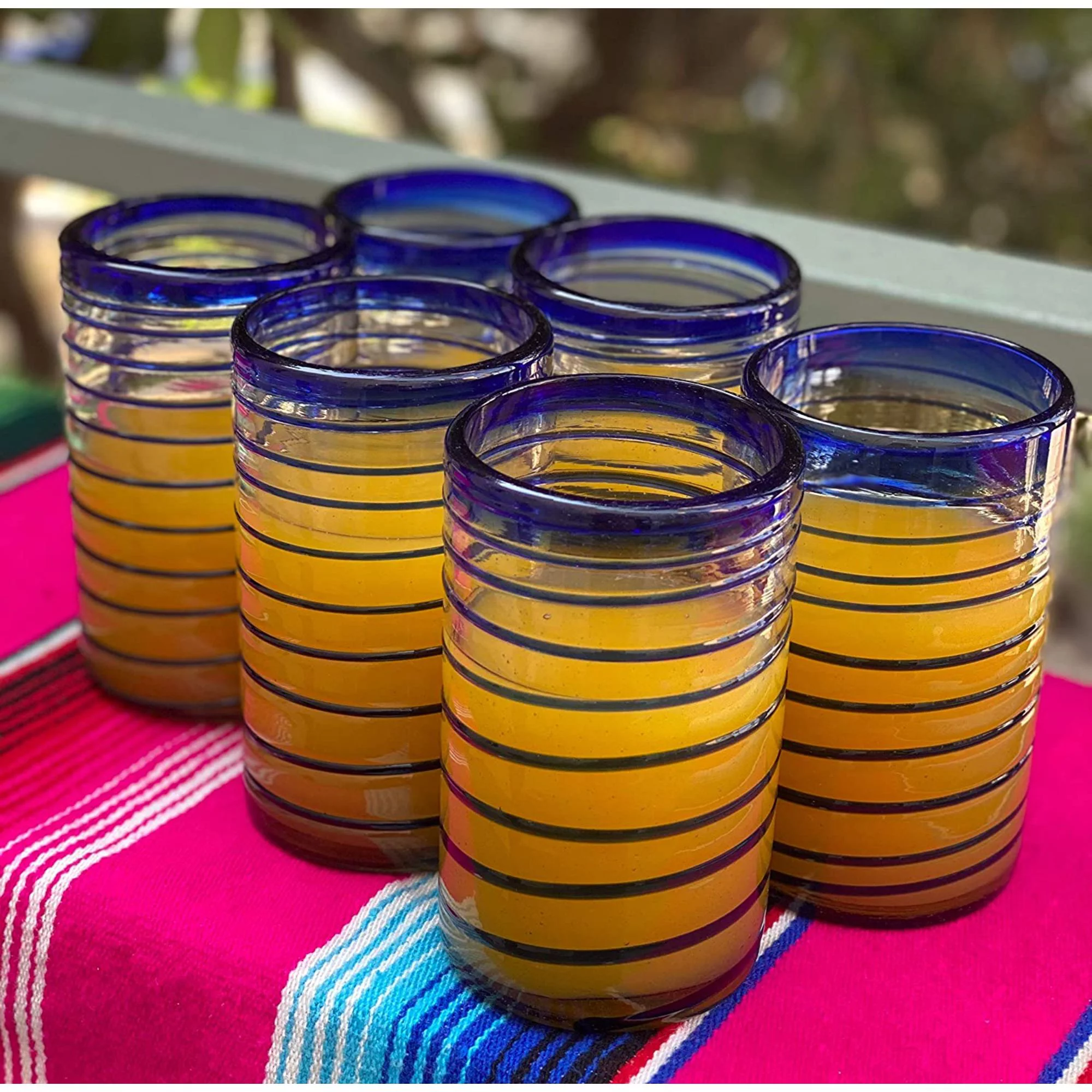 Hand Blown Drinking Glasses – Set of 6 Glasses with Blue Spiral Design 14 oz.