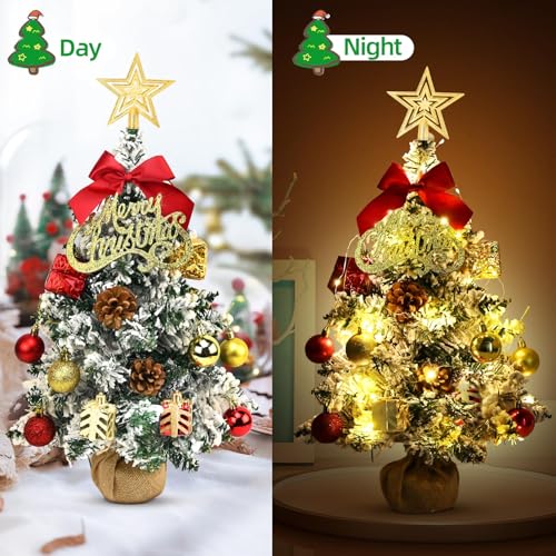 24 Inch Classic Green Tabletop Christmas Tree with LED Lights & Ornaments, Artificial Mini Desktop Xmas Tree with Sturdy Fabric Base for DIY Holiday Decor