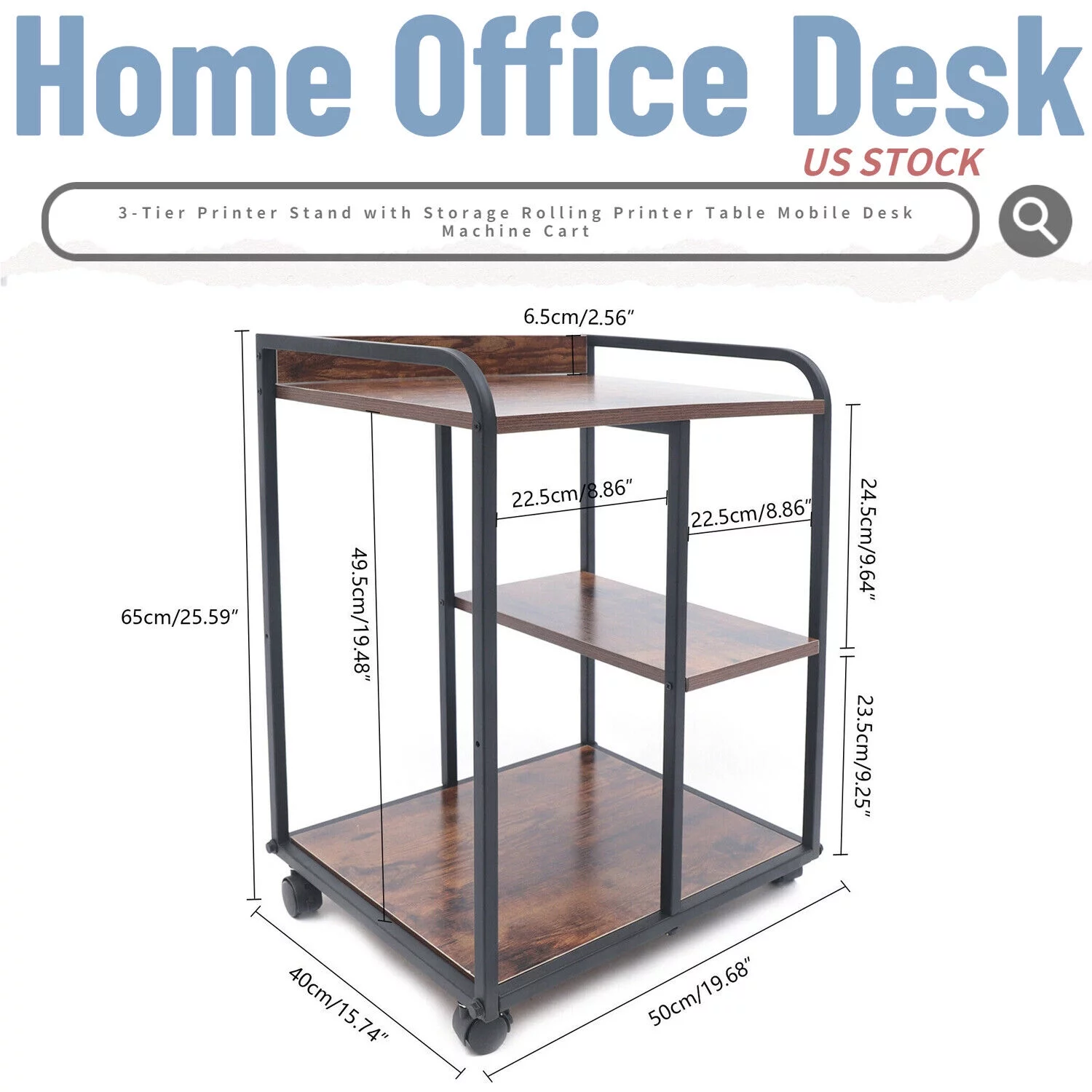 3-Tier Printer Stand with Storage Rolling Printer Table Mobile Desk Machine Cart