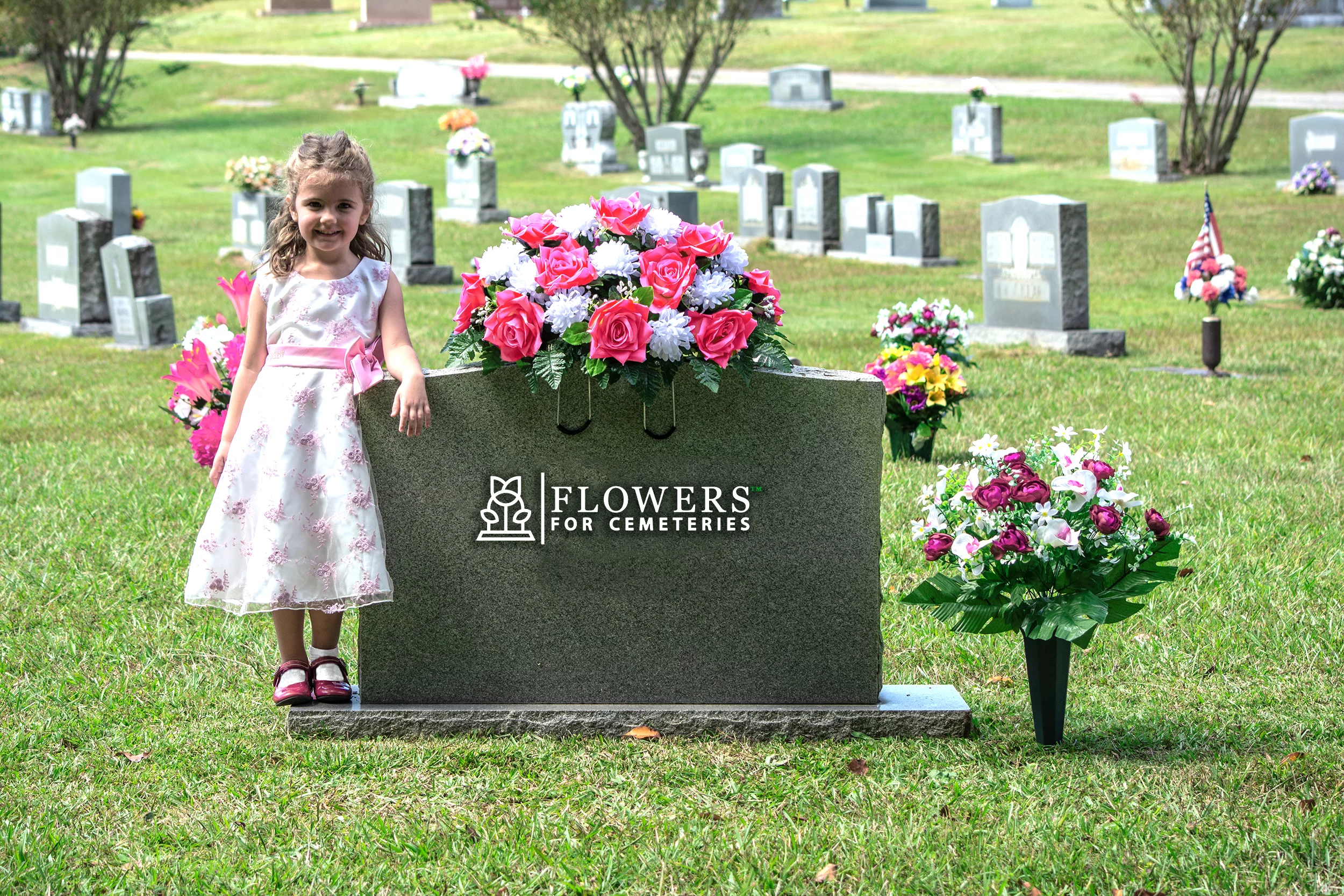 Sympathy Silks Artificial Cemetery Flowers 30" Beauty Pink Open Rose/White Mum Saddle for Headstone