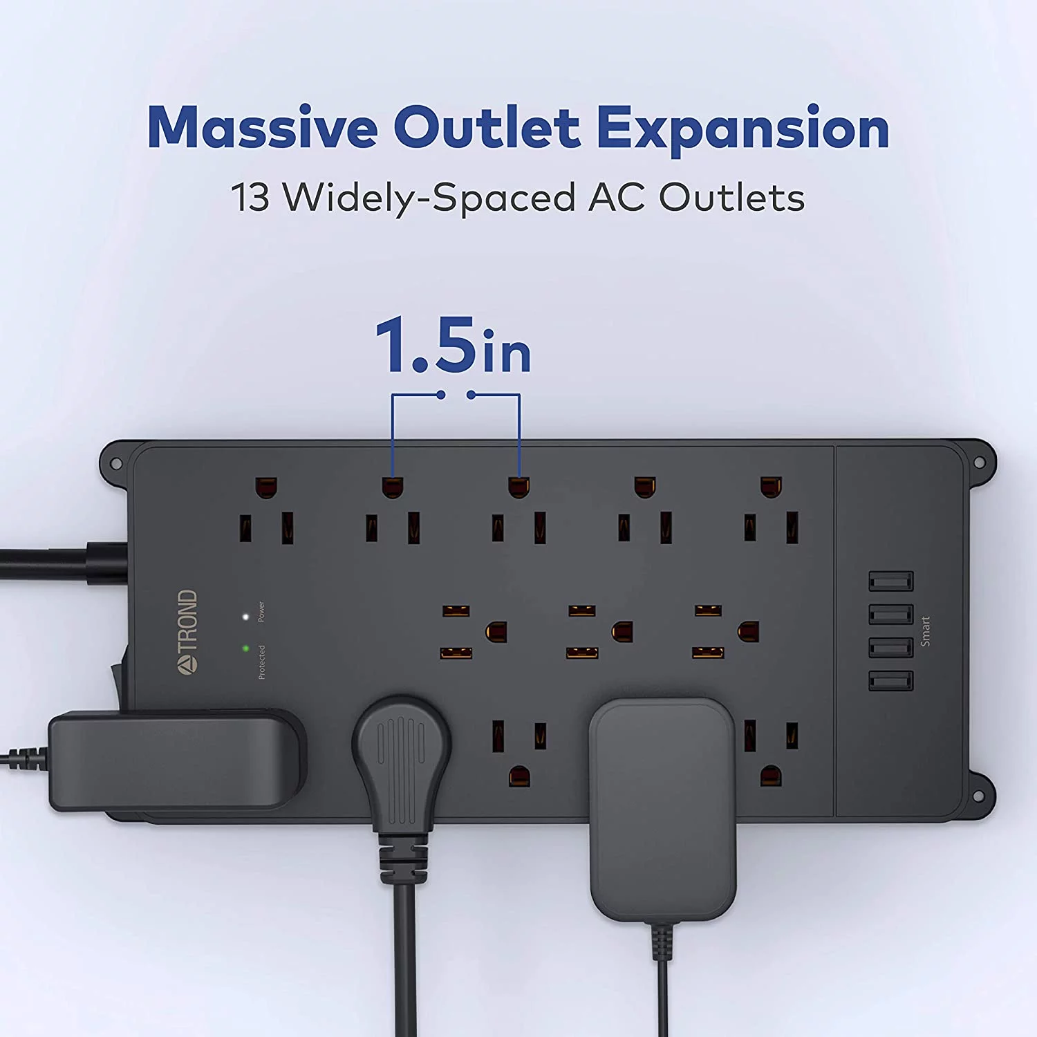TROND Surge Protector Power Strip with USB, 5ft Long Extension Cord Multi Plug Outlets, 4 USB and 13 AC Outlets 4000J, ETL Listed, Black