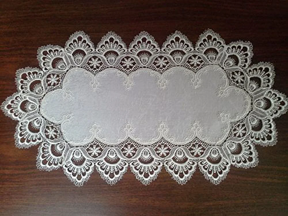 Doily Boutique Table Runner with Antique White European Lace and Fabric, Size 34 x 15 inches